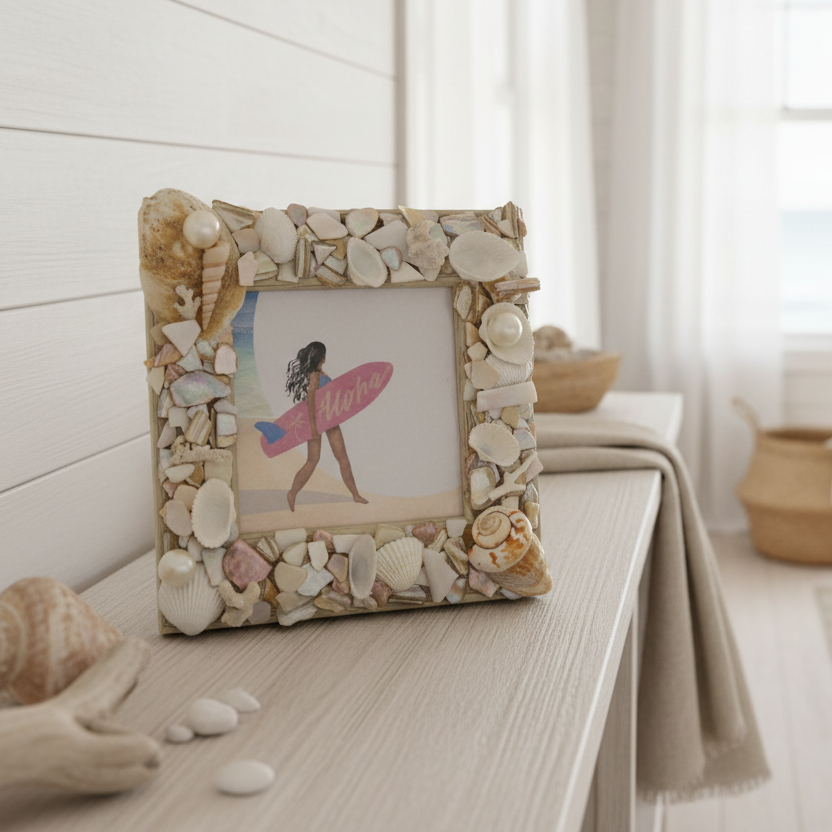 Aloha Surfer- Seashell & Pearl 4x4 Picture Frame