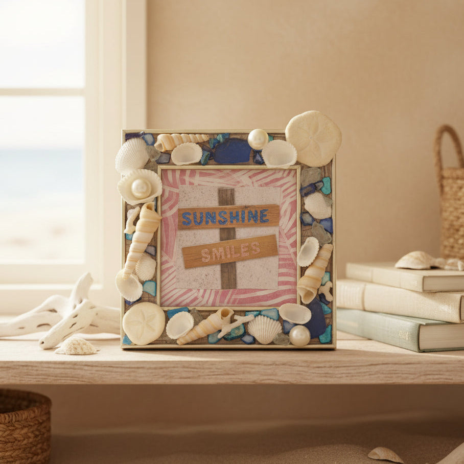 Sunshine Smiles- Handmade Seashell 4x4 Picture Frame